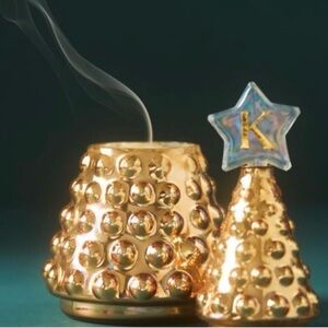 NWT Anthropologie Tree glass candle/top initial “K” star/ Balsam Cedar 8” Gold